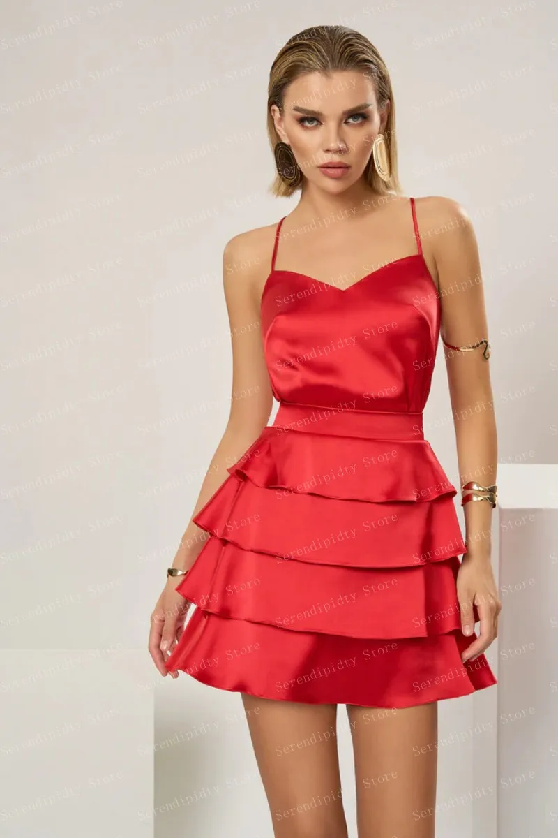 Spaghetti Strap Red Ruffled A-line Party Dress Sleeveless Smooth Open Back Cocktail Dresses vestidos para mujer Ever Pretty