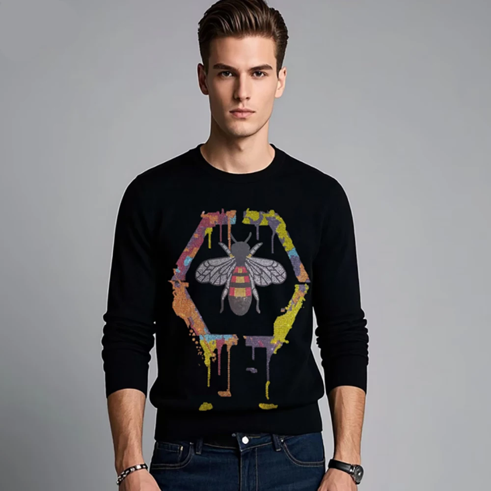 Men's Skull Print Sweater New Arrival Rhinestone Crew Neck Pullover Stylish Comfortable Knitwear Casual Male Upper Garment