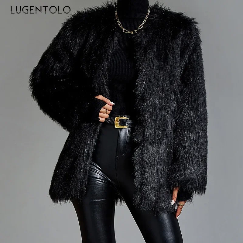 Women Faux Fur Coat Winter 2023 Cardigan Fashion Faux Imitation Fox Fur Lady Elegant Black Casual Shor Jacket Cloth Lugentolo