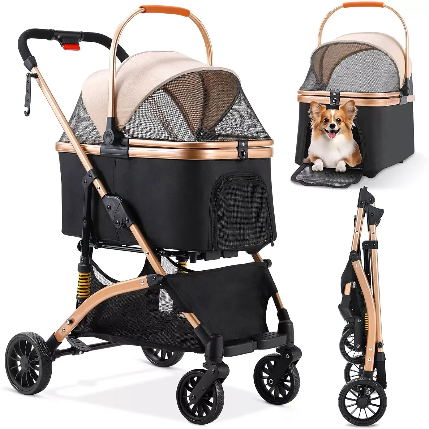 Dog Buggy 2 in 1 Stroller Dog Box Transport Foldable Cat Stroller, 360° Wear-resistant Rubber Wheels, with Storage Basket