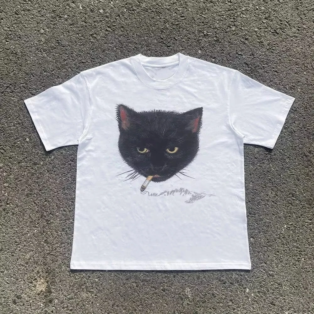 Unisex Retro Punk Rock‑Hip‑Hop Graphic T‑Shirt, Smocking Cat Print, Harajuku Streetwear Summer Short Sleeve Polyester Top