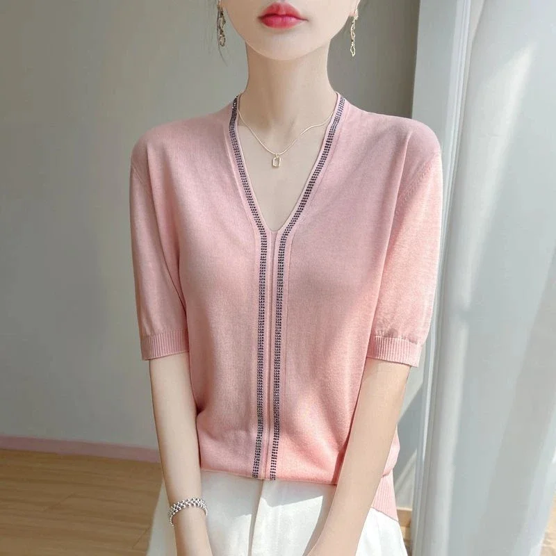 

Шелковый щупальцевый темпераментный свитер с v-образным вырезом и бриллиантами, новый летний базовый топ с короткими рукавами