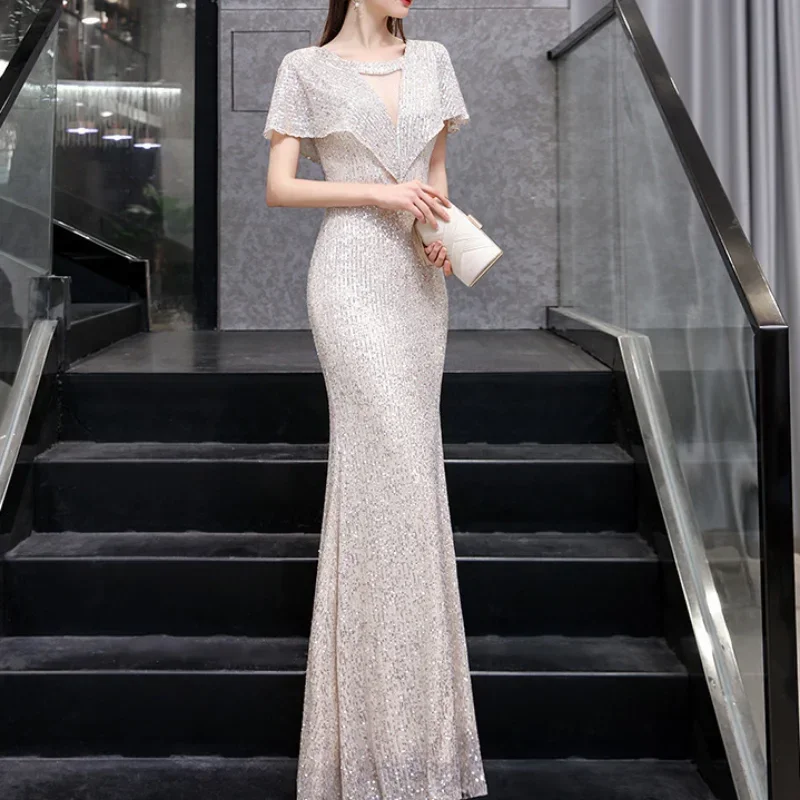 Customized Sexy Sequined Elegant Evening Dresses Slim Waist V-neck Robe Chic Sleeves Party Dress 2024 Summer Trumpet Women Shiny