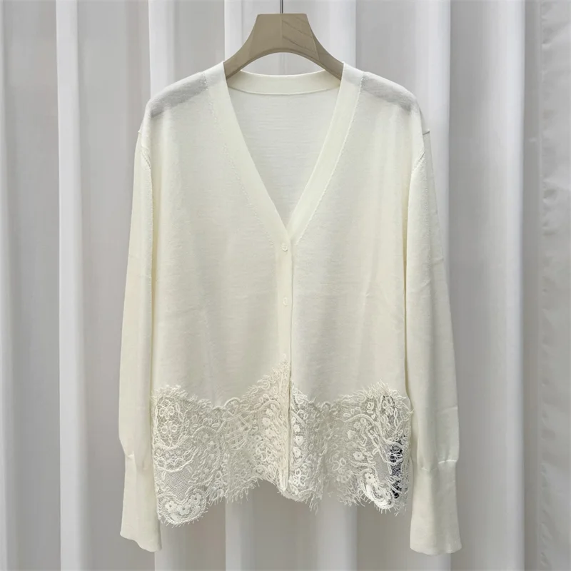 

Cardigan for women 2025 Winter new elastic knitted V-neck long sleeved top wool blend Women's sweater Lace patchwork Knitwear