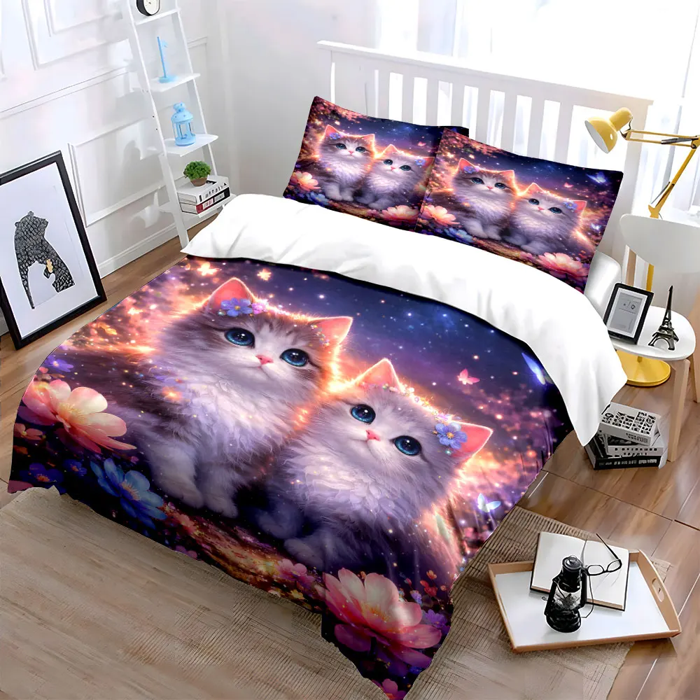Adorable kittens in dreamy flowers Duvet Cover Set with 3D Printing Design Soft Polyester Bedding Set All-Season Comfort
