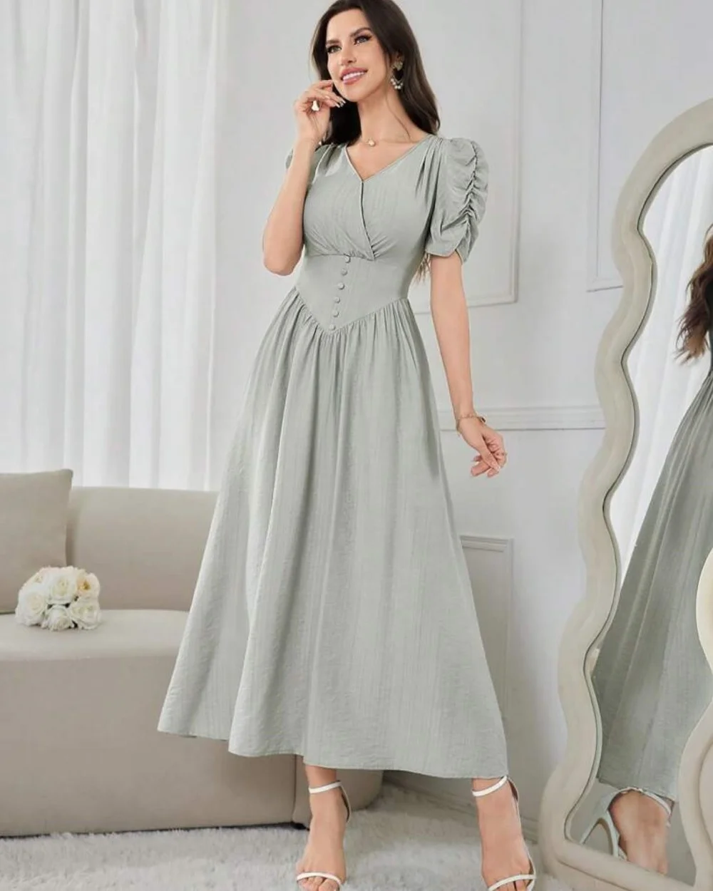 

Exquisite Jersey Button Pleat Ruched A-line V-neck Midi Dresses Homecoming Dresses Modern Style Pastrol Unisex Chinese Style