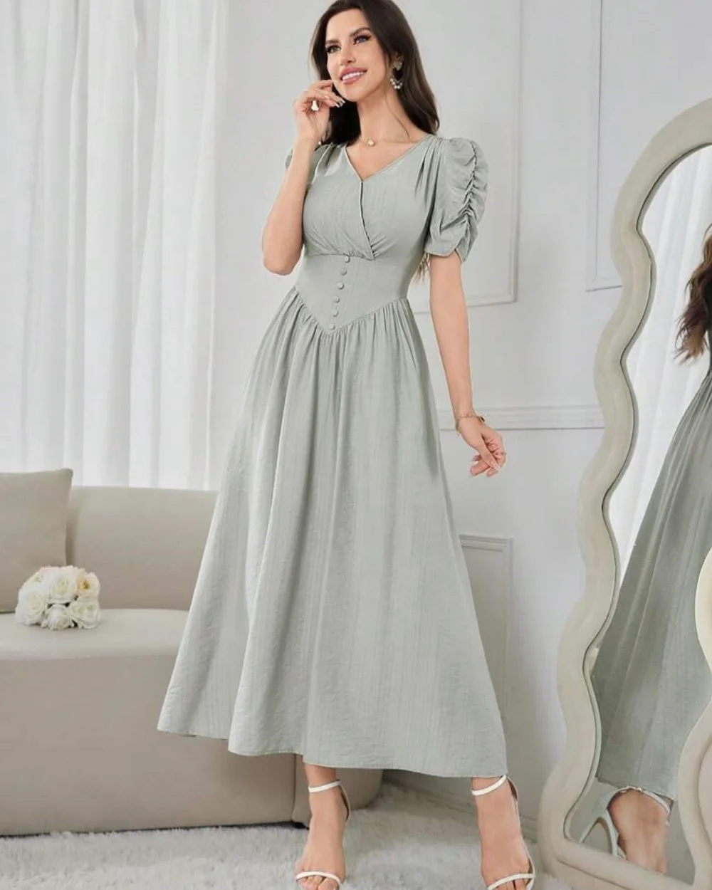 

Customized Exquisite Jersey Button Pleat Ruched A-line V-neck Midi Dresses Homecoming Dresses Modern Style Pastrol Unisex Chines