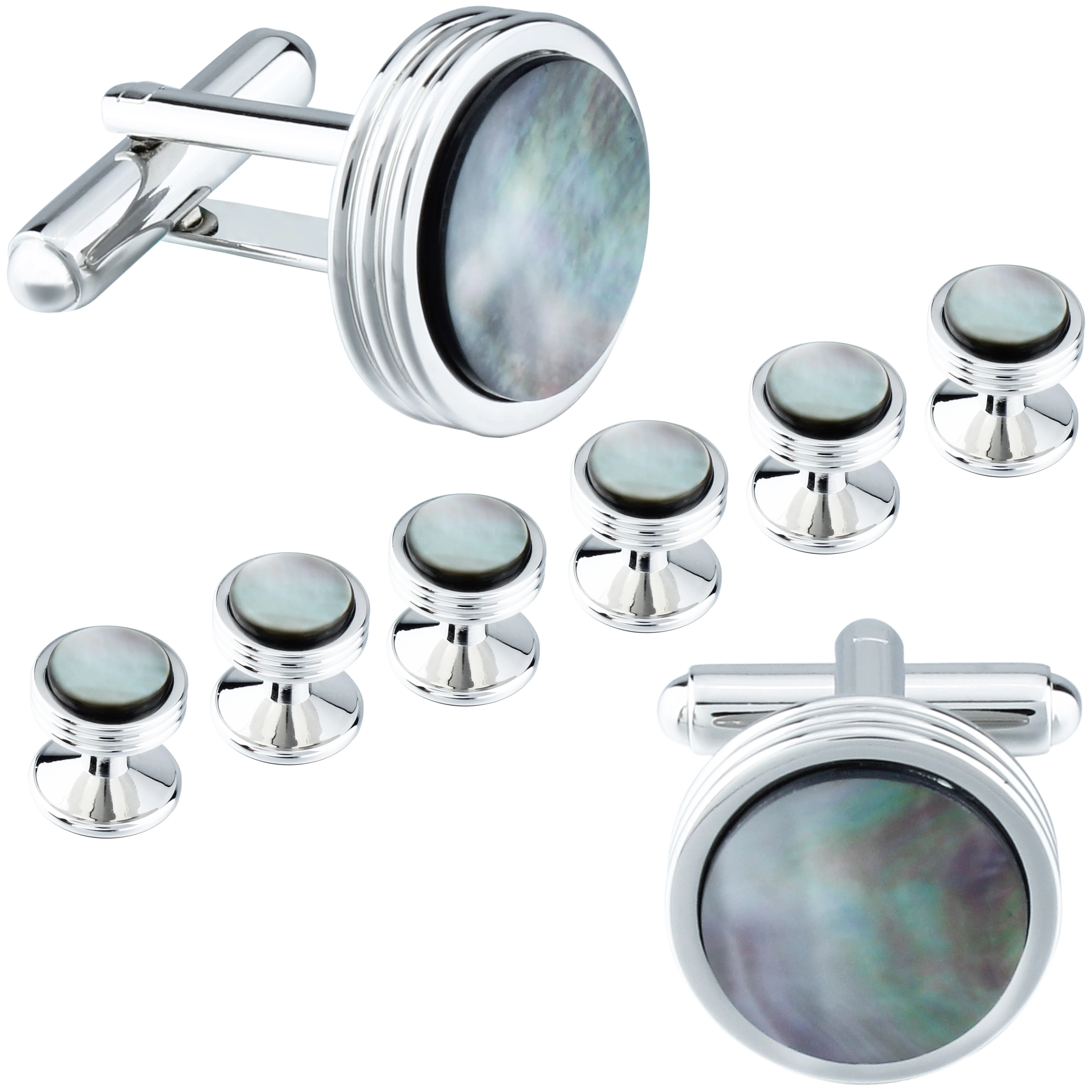 Natural Abalone Shell Cufflinks & Studs Set with Box - Men Formal Business Wedding Tuxedo Shirt Cuff Links  Accessories for Mens