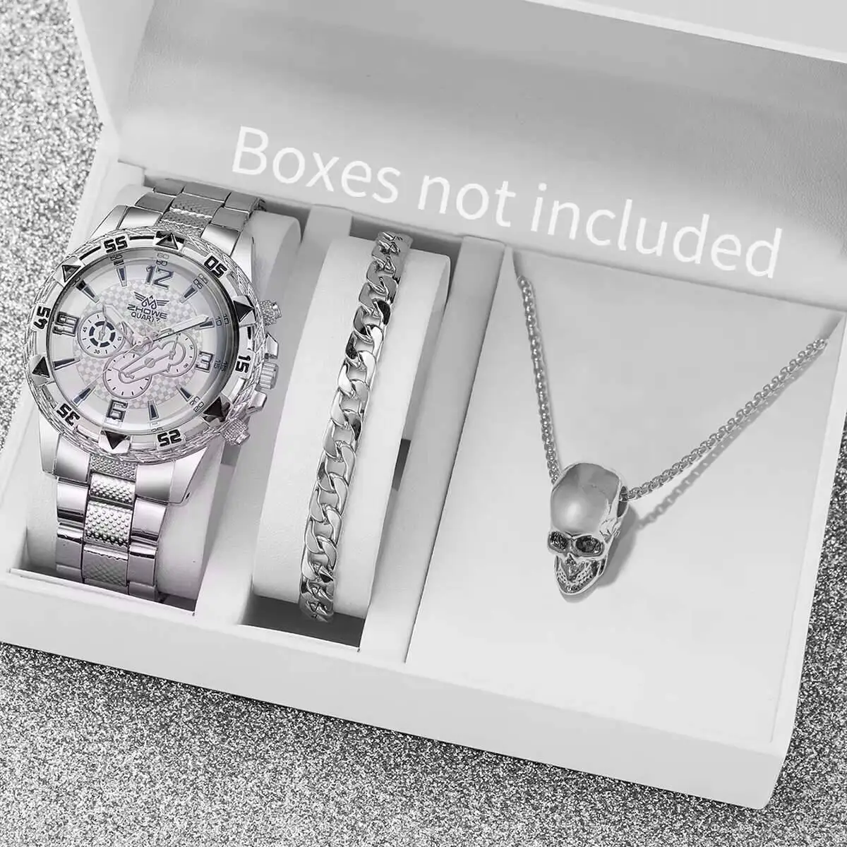 スチールストラップ付きメンズクォーツ時計,ビジネスウォッチ,メンズファッションジュエリーセット,ボックスなし,1セットあたり3個