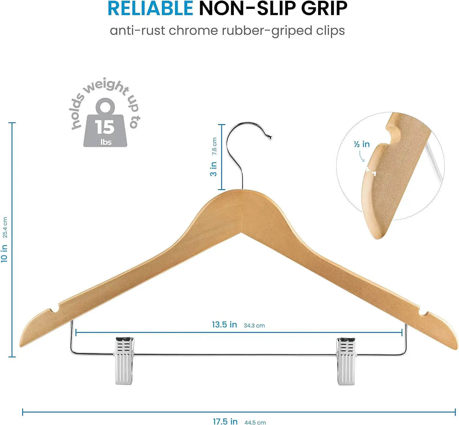 5 Pack High-Grade Wooden Suit Hangers with Adjustable Metal Clips 360° Swivel Hook Shoulder Notches for Dress Coat Blouse Jacket image 6