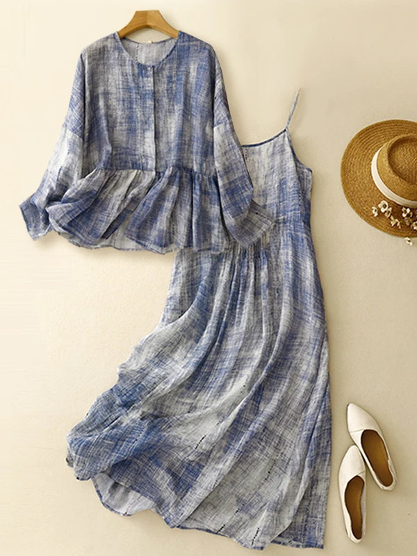 Blue New Chinese Style Thin Cardigan Strap Dress Set Women's Fashion Autumn Clothes Long Sleeve round Neck Loose Fit Casual Wear