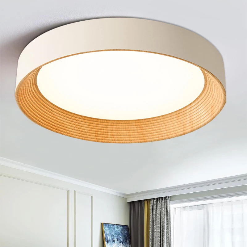 الحديثة مصباح السقف المستديرة الخشب الحبوب الملمس LED ثلاثي الألوان يعتم ثريا تركب بالسقف الممر غرفة الدراسة غرفة المعيشة المنزلي ديكور #1