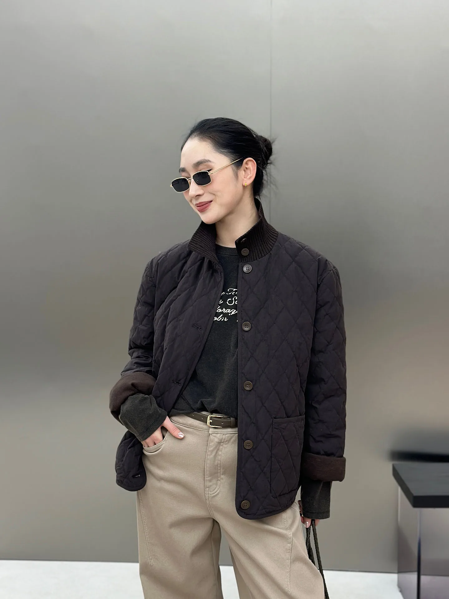 

Casual High Ne Quilted Goose down Jaet Knitted Cotton Diamond Pattern Women's Faion Warm Coat Bodhl Brand