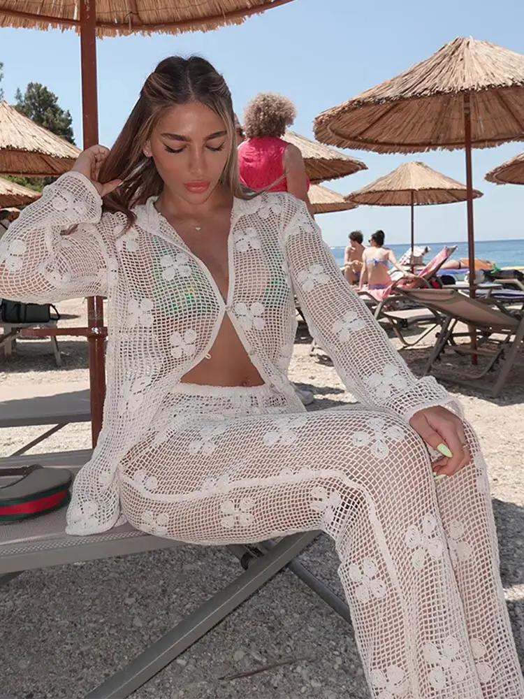 

Summer Chic White Floral Crochet Trousers Set Women Sexy See Through Hollow Out Vacation Suits 2024 Lady Fashion Beach Outfits