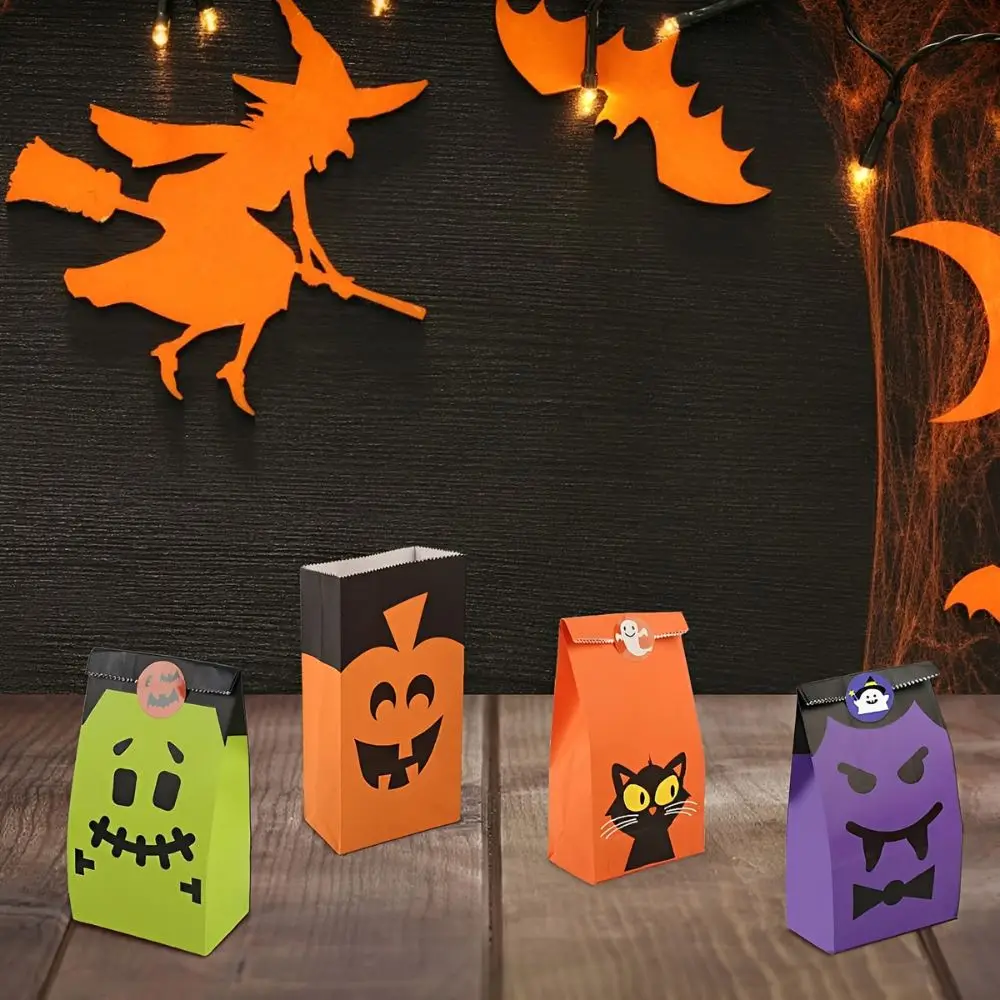 8/16/24 Stück Halloween-Kraftpapiertüten mit zufälligem Muster, Monster-Kürbis-Spinnennetz-Druck, Party-Geschenktüten YMY – Detail 3