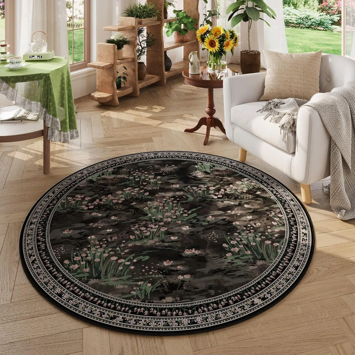 

Circle Rug Impressionist-Style Vintage Round Rug Non Slip Low Pile Small Circular Rug for Bedroom Bathroom Entryway Kids Room