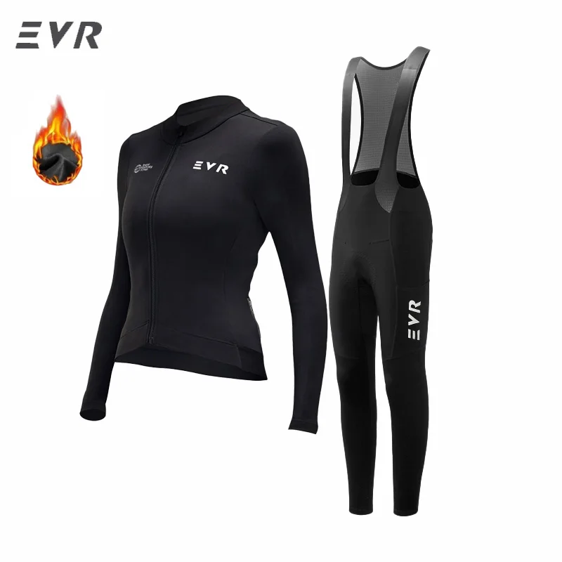 EVR dames winterfleece fietspak thermisch shirt met lange mouwen en gevoerde bibbroek, warm, ademend, voor racefiets, MTB en buitensporten