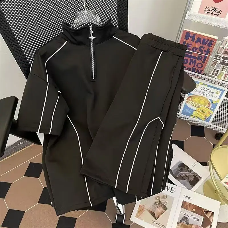 

Men's Tracksuit Casual Half-zip Short-sleeve Shorts Contrasting Colors American Style Sportswear for Summer Couple 2 Piece Suit