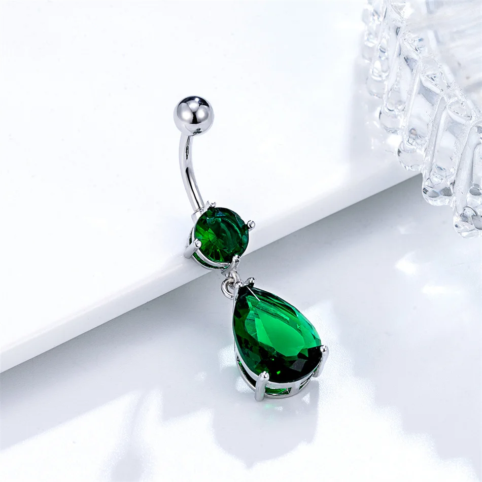 Elegant Green Water Drop Zircon Belly Button Ring Luxury Women Body Jewelry 14G Surgical Steel Navel Piercing Bar Sexy Accessory
