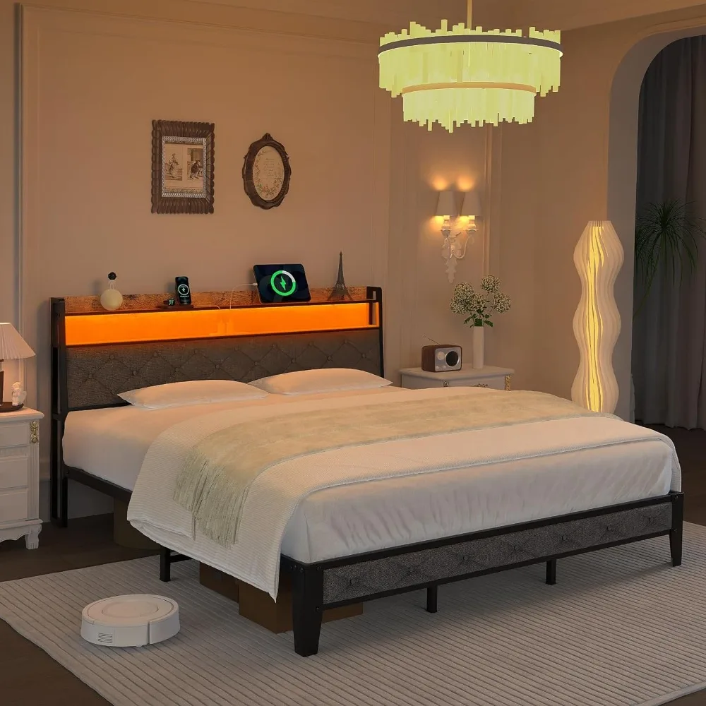 Full/Queen/King Bed Frame,Storage Headboard with Charging Station,Platform Bed Frame with RGB Lights,Solid and Stable,Noise Free