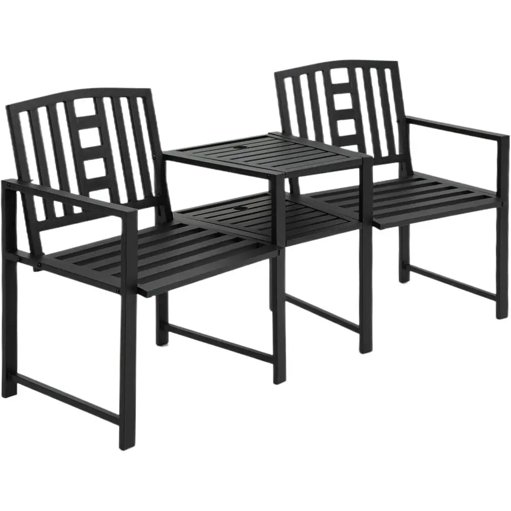 Metal Garden Bench with Table and Umbrella Hole, 2-in-1 Double Patio Chairs, Outdoor 2-Person Tete-a-Tete, Slatted, Black