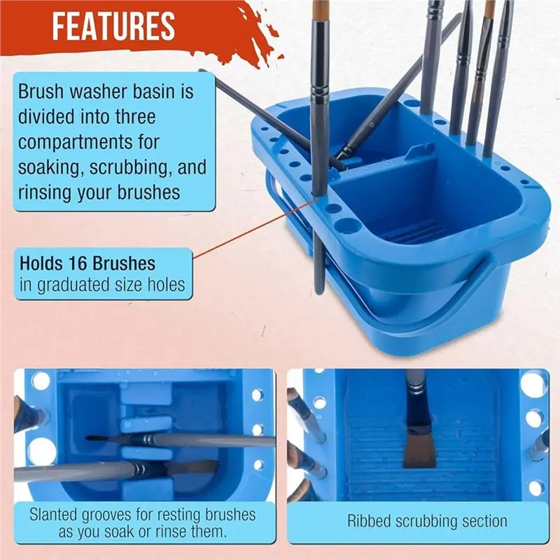 ●Plastic Paint Brush Cleaner Washer 16-Holes With Paint Brush Holder& Palette Lid For Acrylic, Watercolor