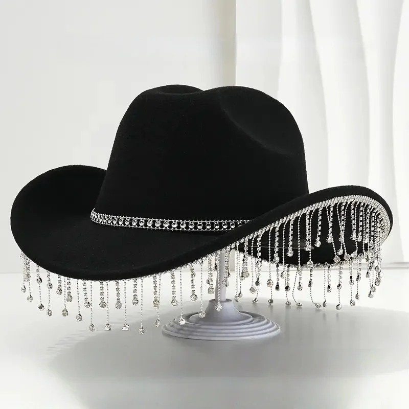 

HongLuan Black Glitter Costume Hat Adult & Cowboy Hats Rhinestone for Woman, Cowboy Cosplay Female Accessories & Cowgirl Cap