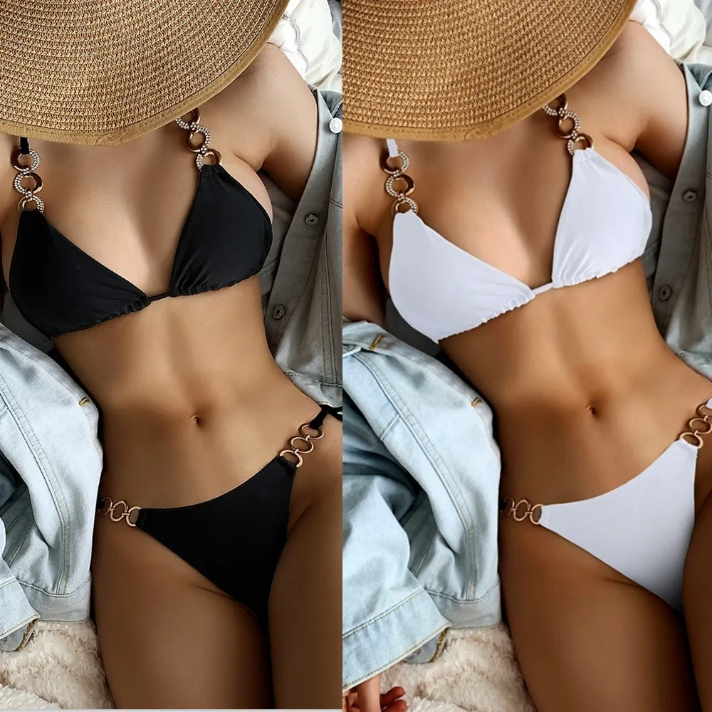 Explosive Chain Split Swimsuit Diamond  Accessories New Strap Triangle Bikini Swimsuit