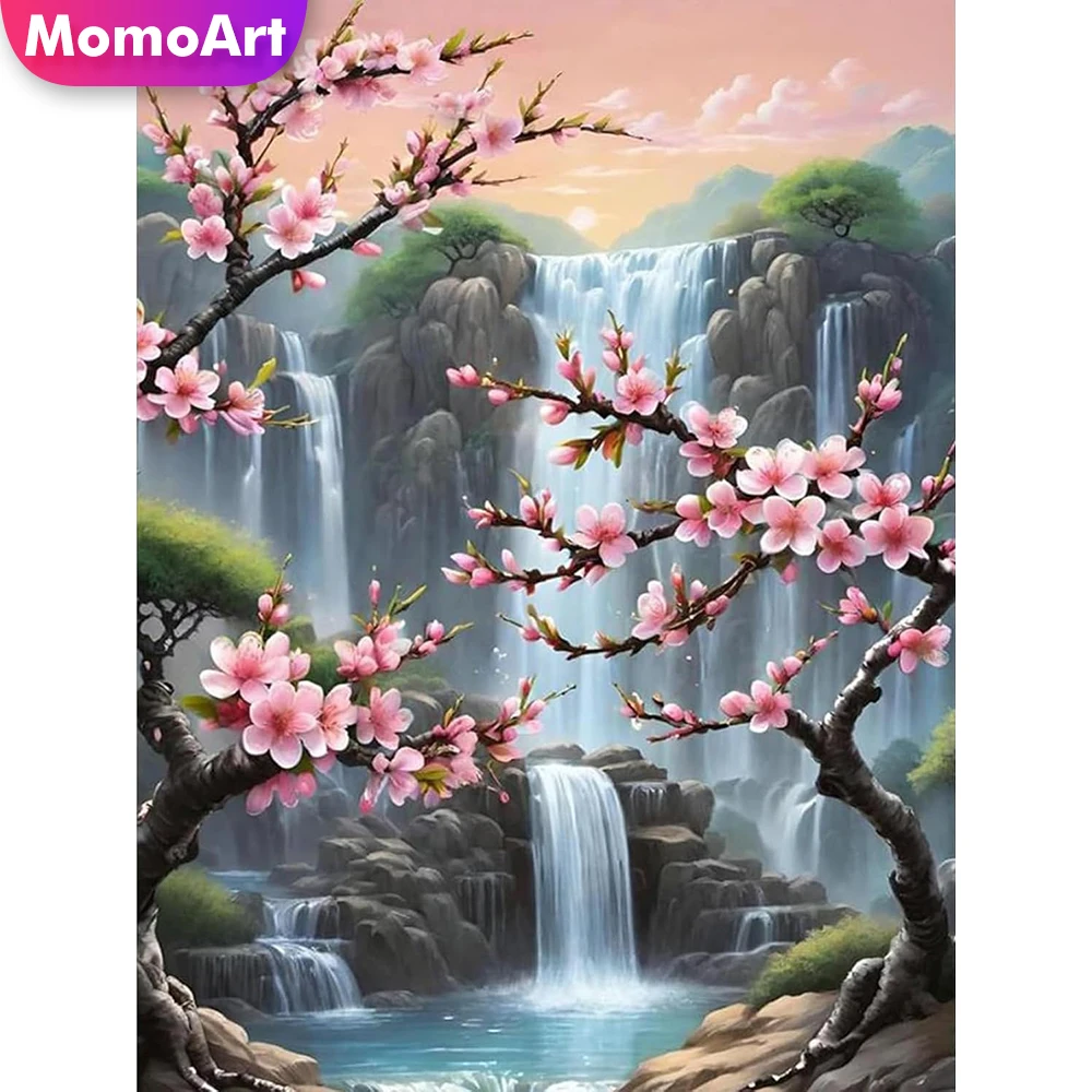 Momoart Diamantmalerei Wasserfall-Landschaft Strass-Bild Mosaik Berglandschaft Vollquadratische Stickerei Kirschblüten Wandkunst