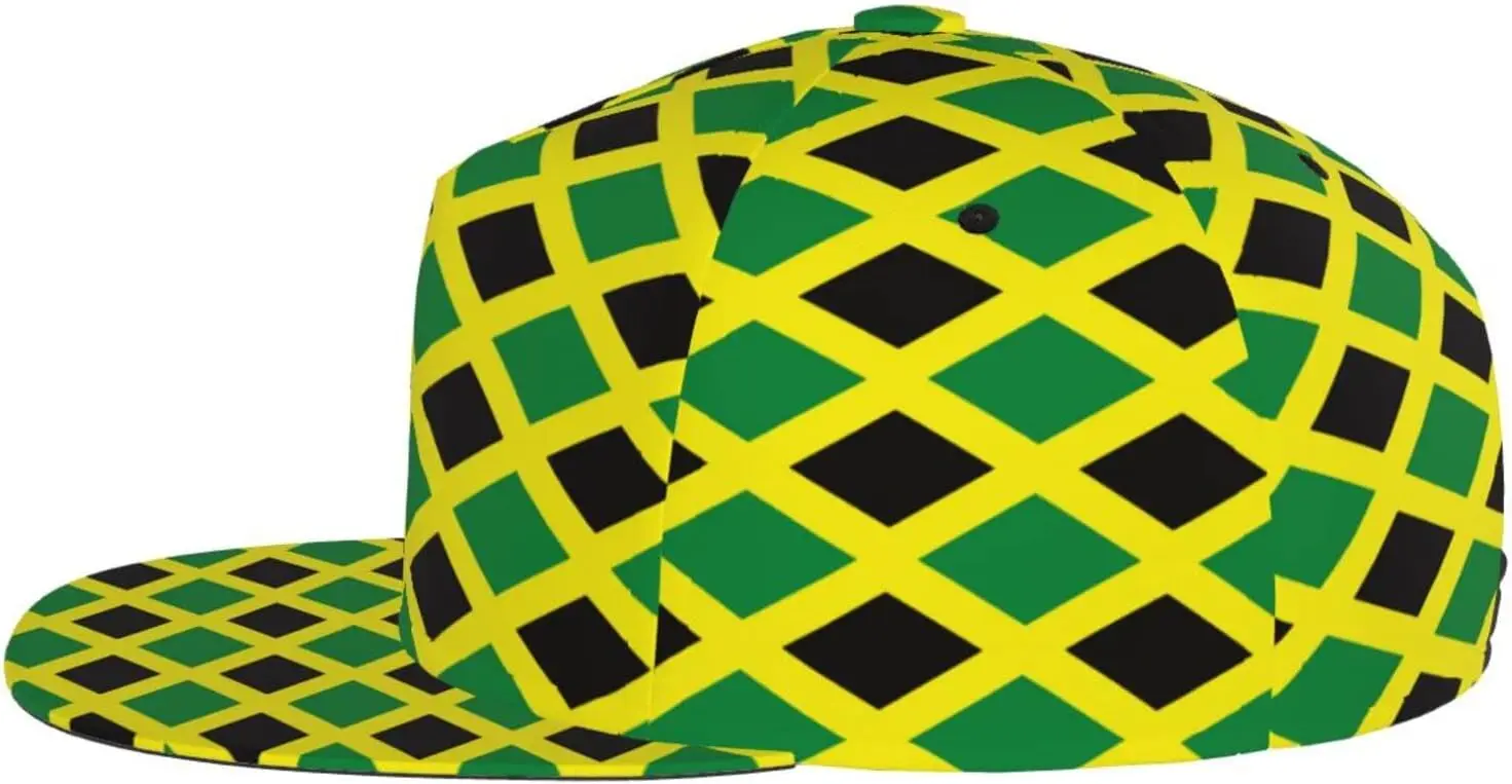 Jamaican Flag Pattern Flat Bill Hat, Unisex Snapback Baseball Cap Hip Hop Style Flat Visor Blank Adjustable Black