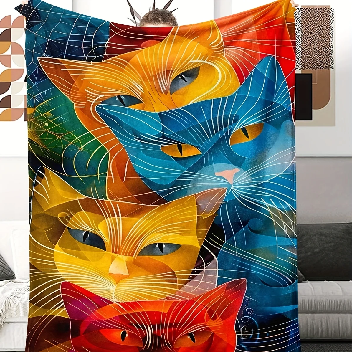 

Abstract Color Cat Theme Flannel printed blanket suitable for all seasons suitable for living room office sofa and travel