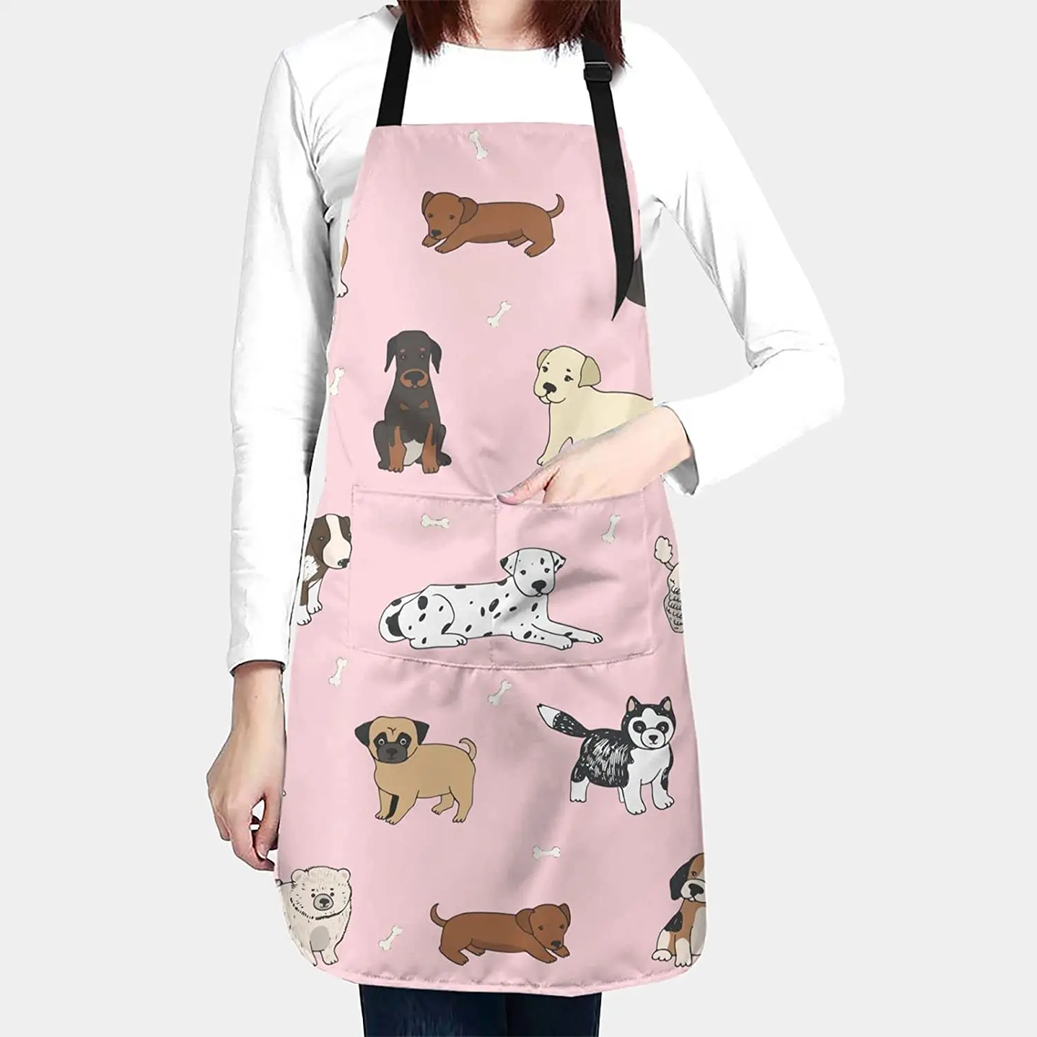 Cute Dogs Animals Waterproof Apron with 2 Pockets Cartoon Pets Kitchen Chef Aprons Bibs for Cooking Baking Painting Gardening