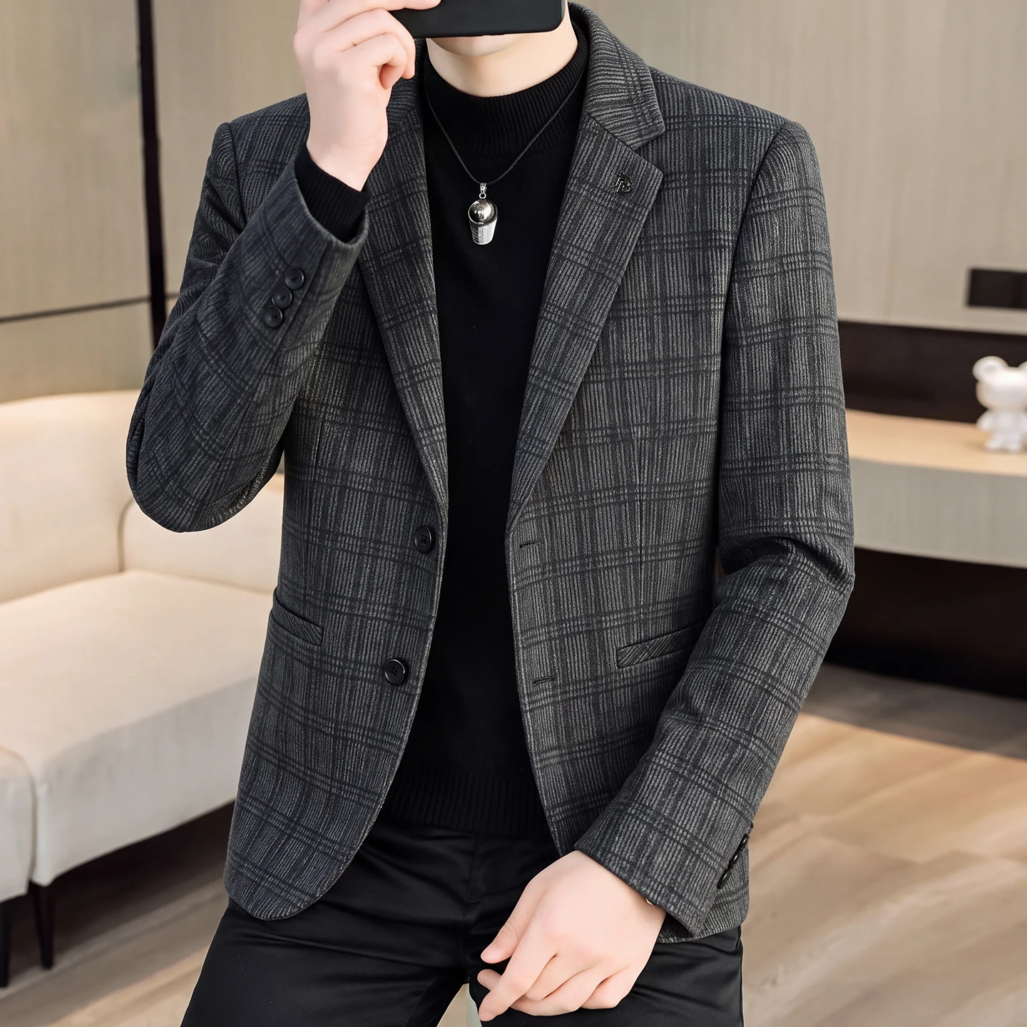 Men's Plaid Suiting Jacket Autumn Winter New Design Business Casual All-Match Outerwear Trendy Men's Clothing