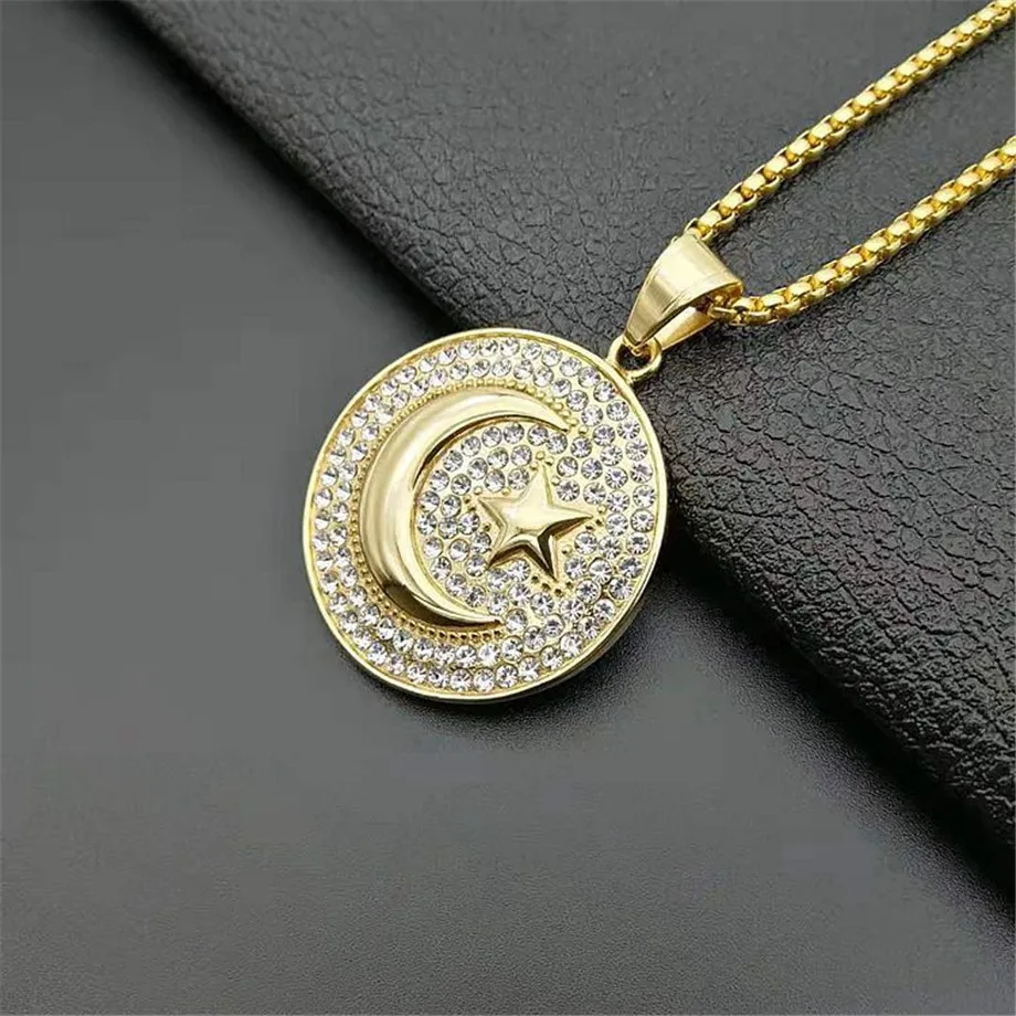 Muslim Crescent Moon and Star Pendant Stainless Steel Iced Out Round Necklace Hip Hop Women Men Islamic Jewelry Dropshipping