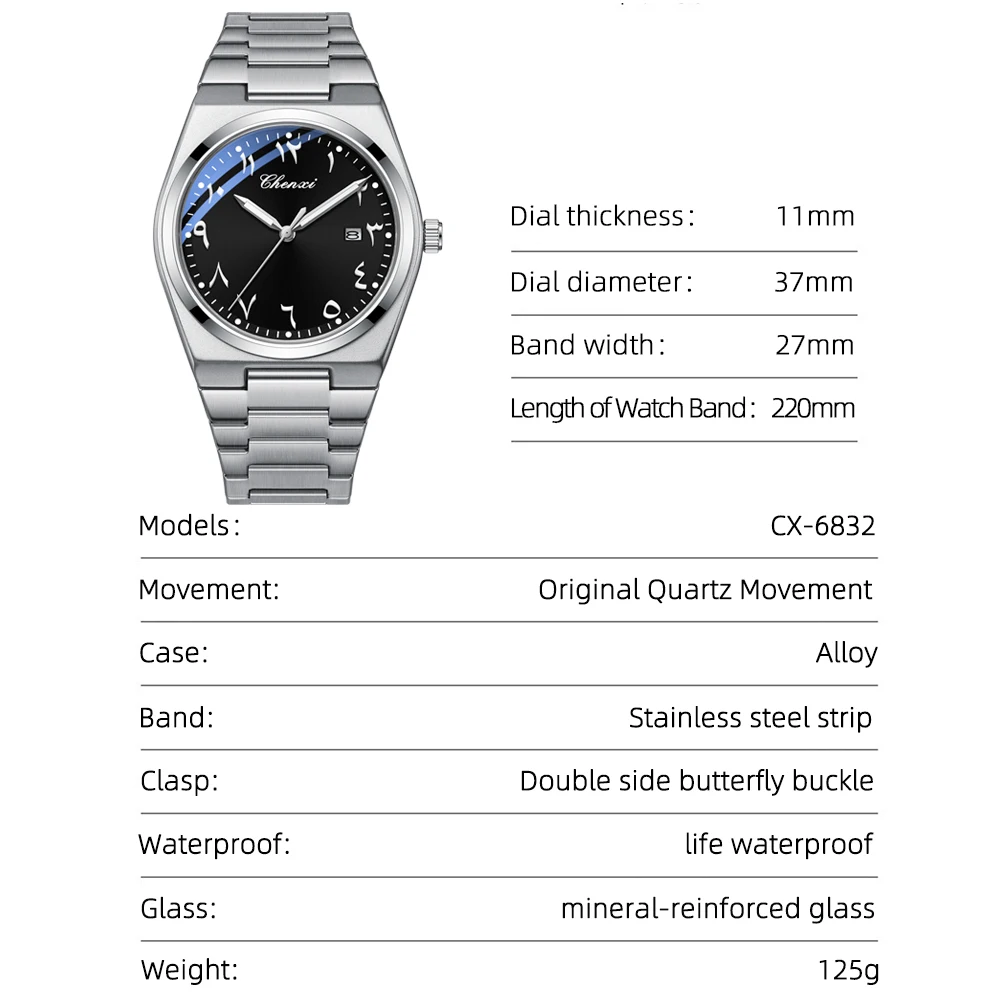 첸시 패션 남성용 쿼츠 시계 스틸 방수 야광 크로노그래프 날짜 스테인리스 스틸 손목시계 스타일리시한 일상 착용용