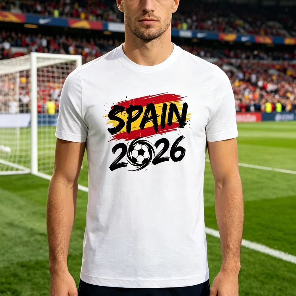 Spain 2026 Patriotic Soccer Fan T-Shirt Spanish Flag Inspired Print Shirt Men Crewneck Cotton Short Sleeve Soccer Part Supplies