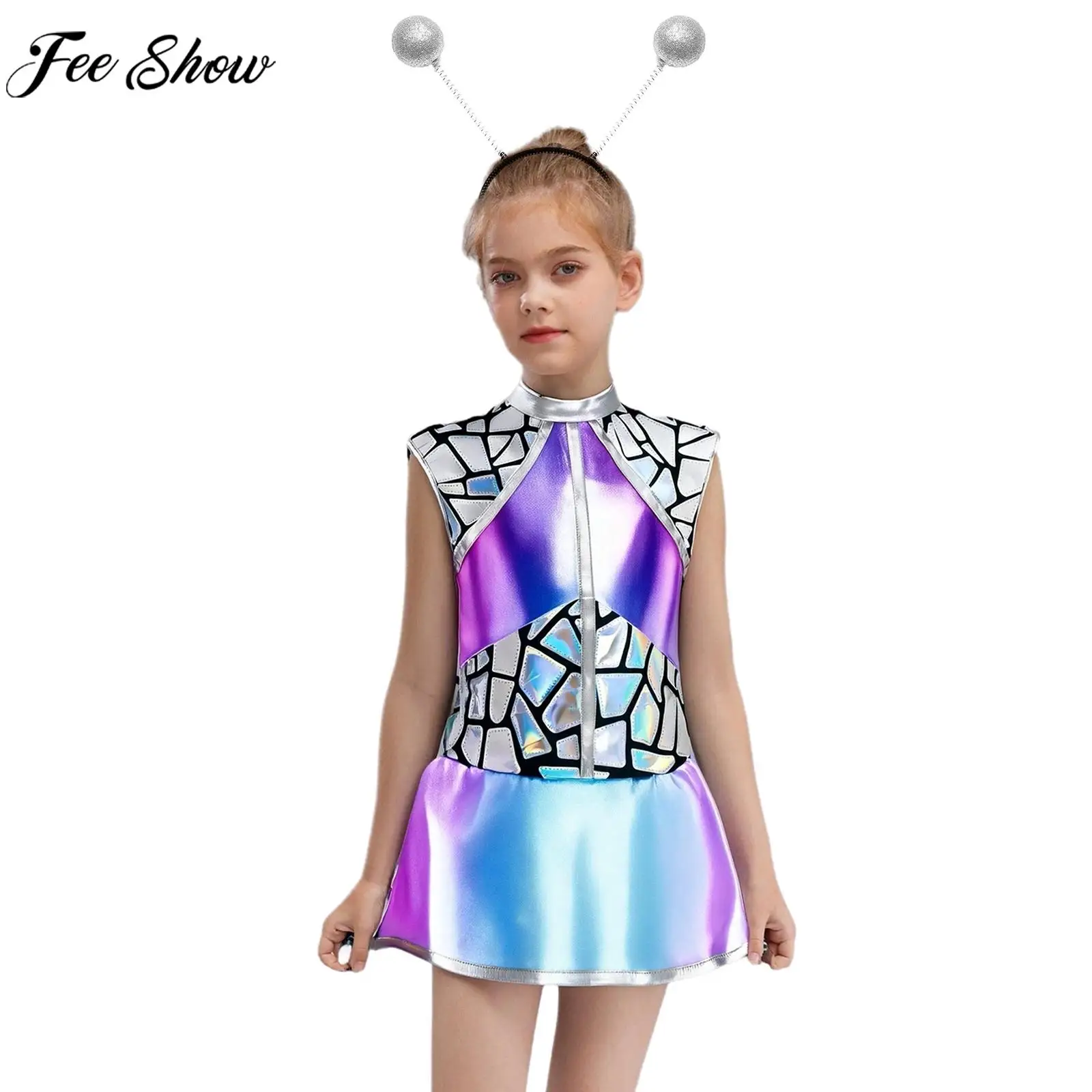 

Детское платье для косплея на Хэллоуин инопланетянина для девочек с обручем для непослушных волос, металлический блестящий костюм космоса, галактики, воина, робота