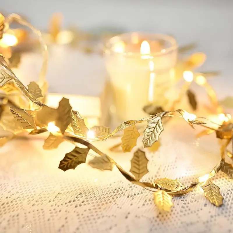 LED Golden Leaves String Light ghirlanda a batteria per soggiorno camera da letto festa matrimonio capodanno decorazione natalizia