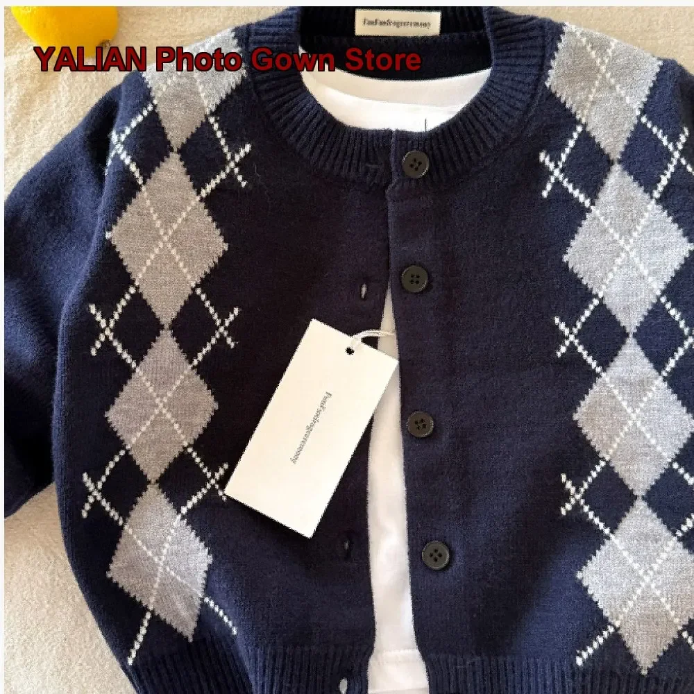 Boys Knit Cardigan Kids Spring Autumn Diamond Pattern High Stretch Stylish Baby Coat Girl Chic