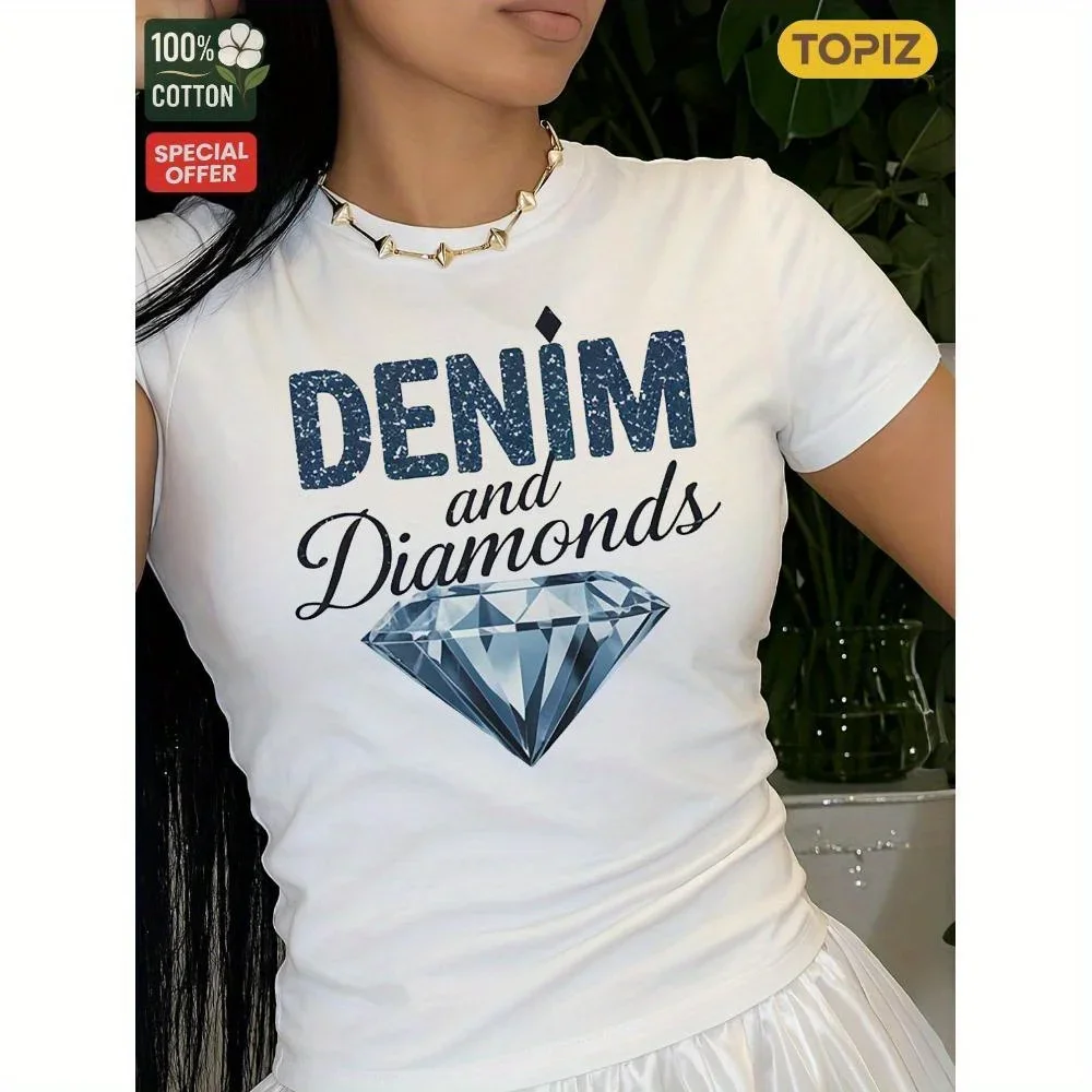 Denim en diamanten glitterprint Casual dagelijkse kledingTop voor zomer en lente Dameskledingcadeaus, zomerkleding voor dames Sale
