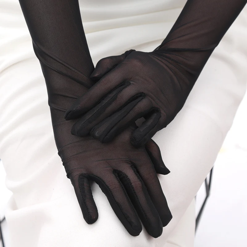 Elastic Transparent Sunscreen Sexy Driving Gloves Women Gloves Ultra Thin Dress Mittens Sheer Tulle 55cm Long Female Goth Gloves