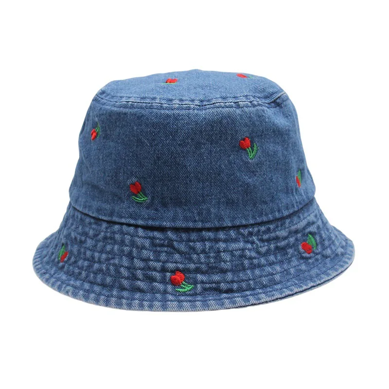 New Summer Embroidery Cherry Washed Denim Bucket Hat For Women Outdoor Fisherman Hat Beachside Sunscreen Cap Female Gift