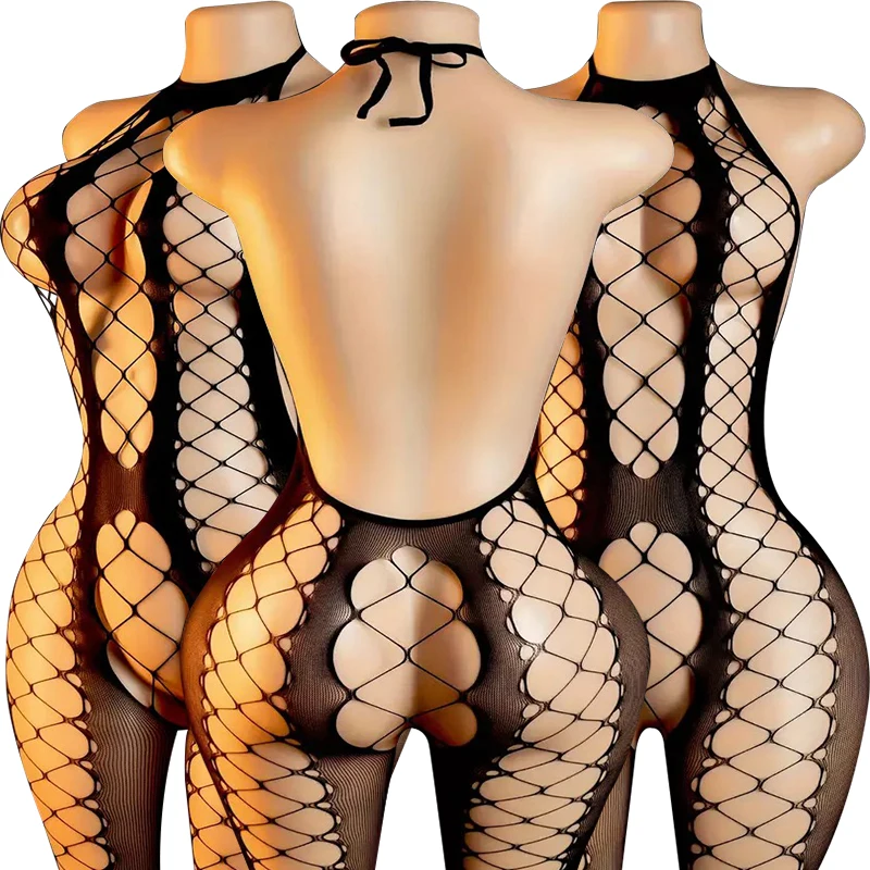 Large Size  Lingerie Women Crotchless Baby Dolls Dress  Mesh Hollow Bodystockings Halter Neck Babydolls Porn Underwear