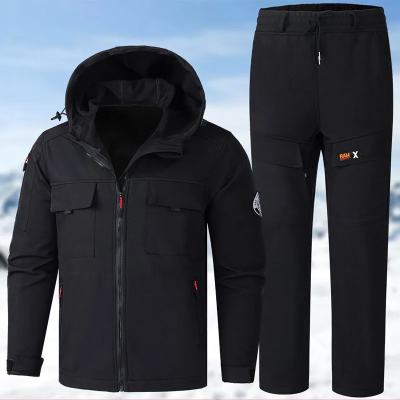 Military Waterproof Sets Men Shark Skin Soft Shell Multi-pocket Hooded Jacket+Fleece Warm Cargo Pant 2 Pcs Suits Tactical Set