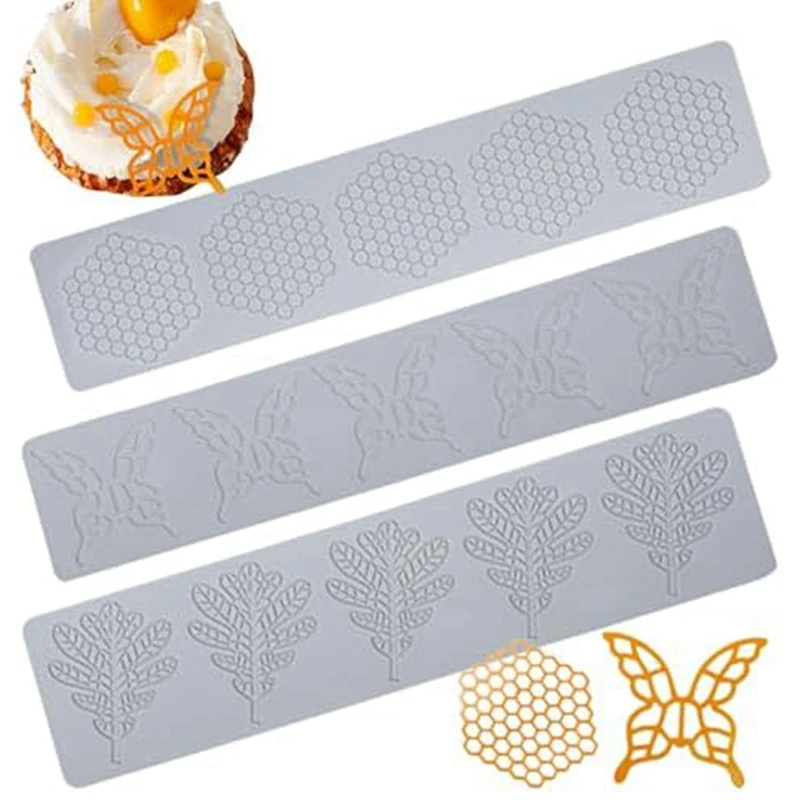 Tile Cake Fondant Mold 3 Pieces Honeycomb Mold Leaf And Butterfly Reusable Embossing Mat Lace Silicone Mold