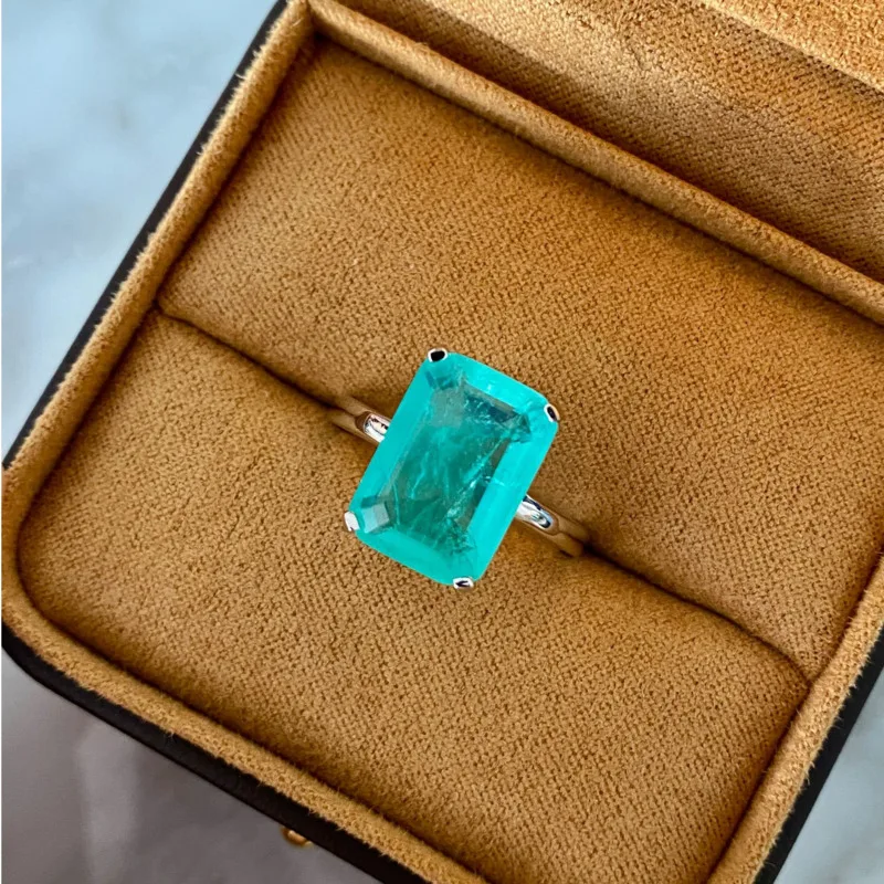 Gica Gema 925 Sterling Silver 10*14MM Synthesis Emerald Cut Paraiba Tourmaline Wedding Rings For Women Party Fine Jewelry Gifts