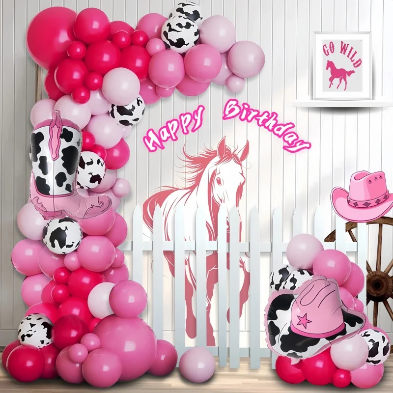 104-teiliges Western-Cowboy-Party-Ballon-Dekorationsset, rosa Stiefel, Hut mit rosafarbenen Ballons, perfekt für Babypartys, Mädchen, Bauernhof, Geburtstagsfeier, Junggesellenabschied, Dekoration