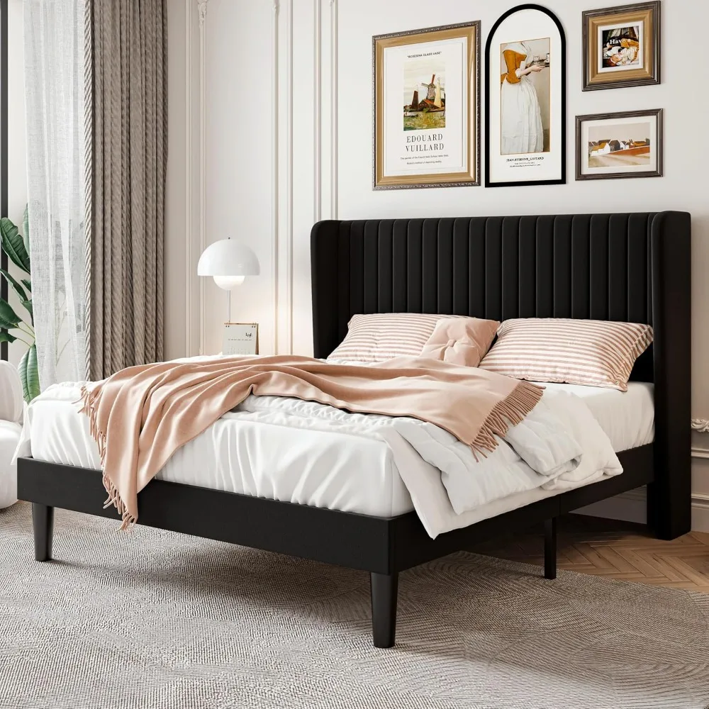 

SHA CERLIN Queen Size Velvet Bed Frame with Vertical Channel Tufted Wingback Headboard, Upholstered Platform Bed with Wood Slats