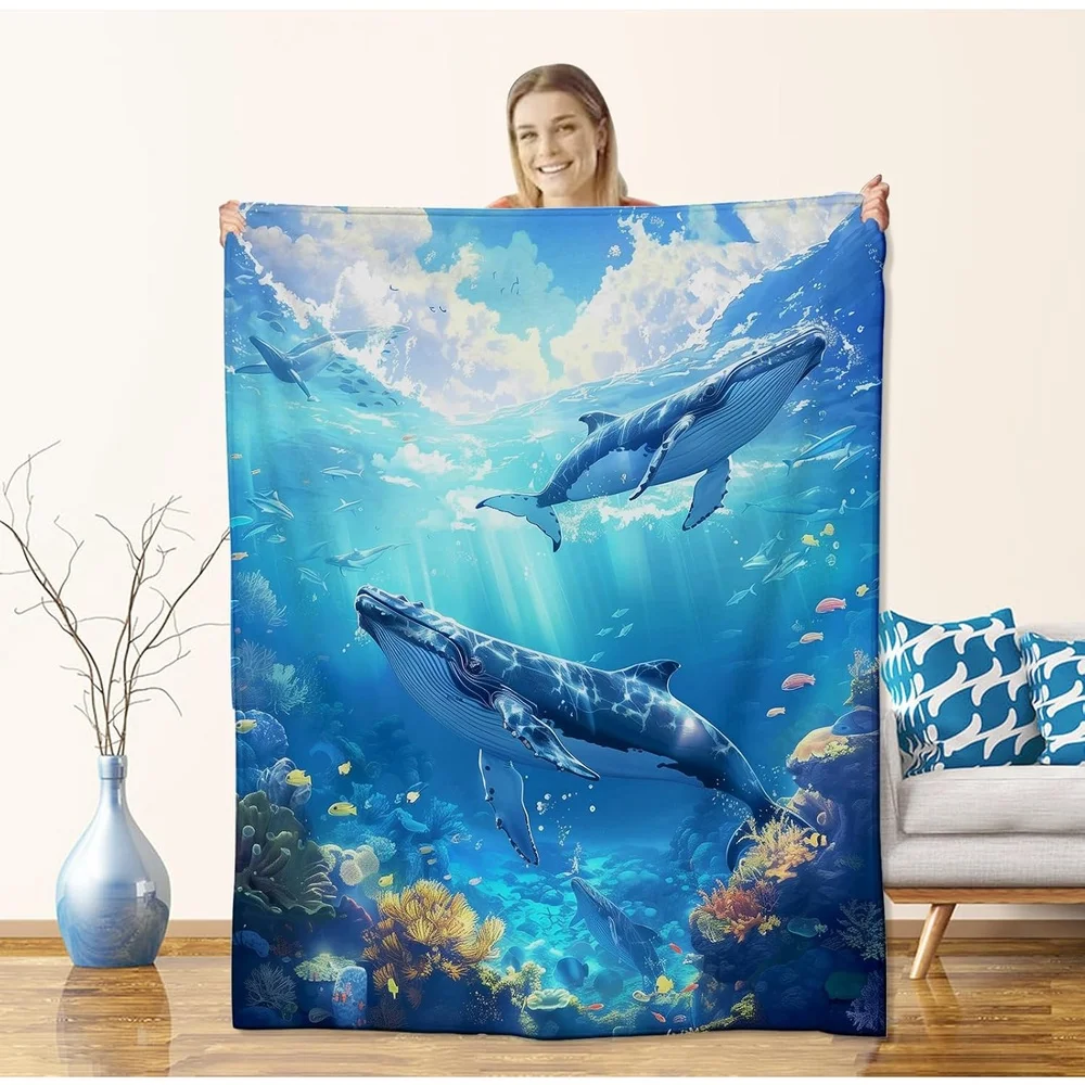 Ocean Animal Whale Shark Blanket Plush Flannel Throw with Whale & Marine Life Design, All-Season Soft Warm Beds