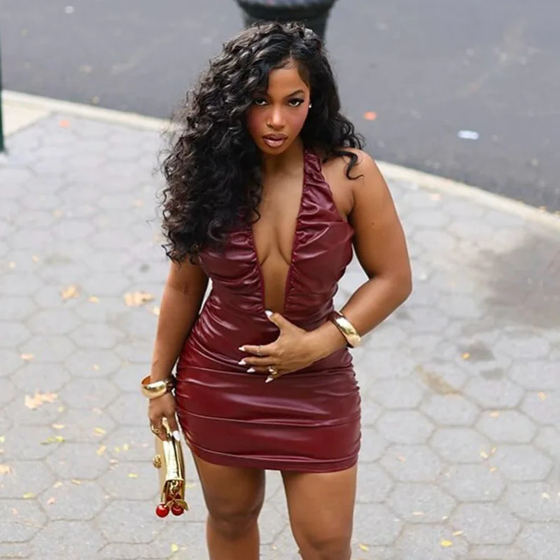 

Leather Pleated Dress Evening Club Wear Dresses 2025 Women Fall Winter Clothes Luxury Outfits Sexy Bodycon Mini Party Dress